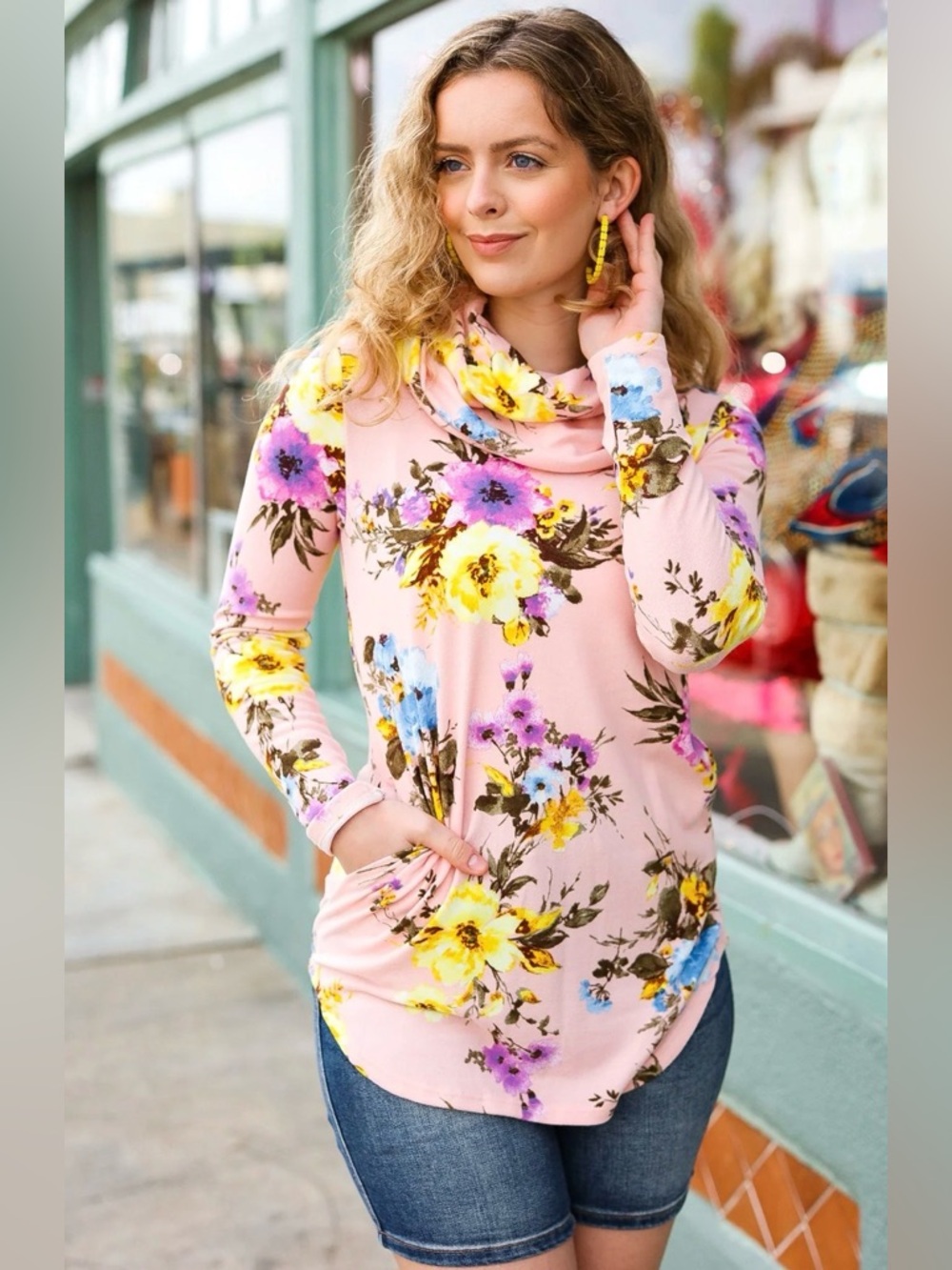 NEW [Red Lolly] Just My Type Pink Floral Cowl Neck Sweater Top Women's S or M